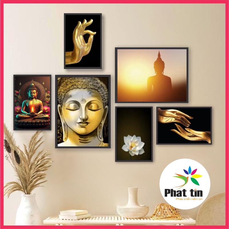 Bộ 6 bức tranh dán tường, tranh phật, tranh hoa sen trang trí phòng thờ, phòng khách, tranh decor Phát Tín, tranh formex có sẵn keo dán , Decor Tường