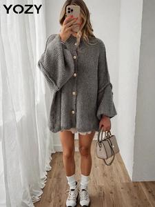 YOZY Women's Solid Button Front Drop Shoulder Cardigan, Casual Long Sleeve Mock Neck Knitwear for Fall & Winter, Women's Knit Clothing for Daily Wear