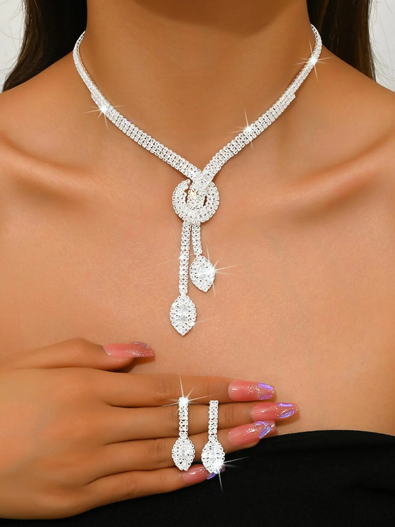 Women's Elegant Rhinestone Decorated Necklace & Earrings, Exquisite Trendy Jewelry Set, Fashionable Accessories for Party & Daily Clothing Decor