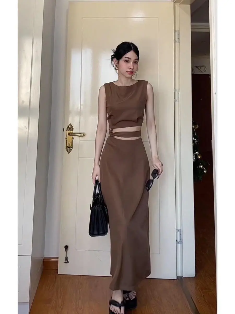Set áo thắt dây eo + chân váy ulzzang dáng dài Nữ Đầm