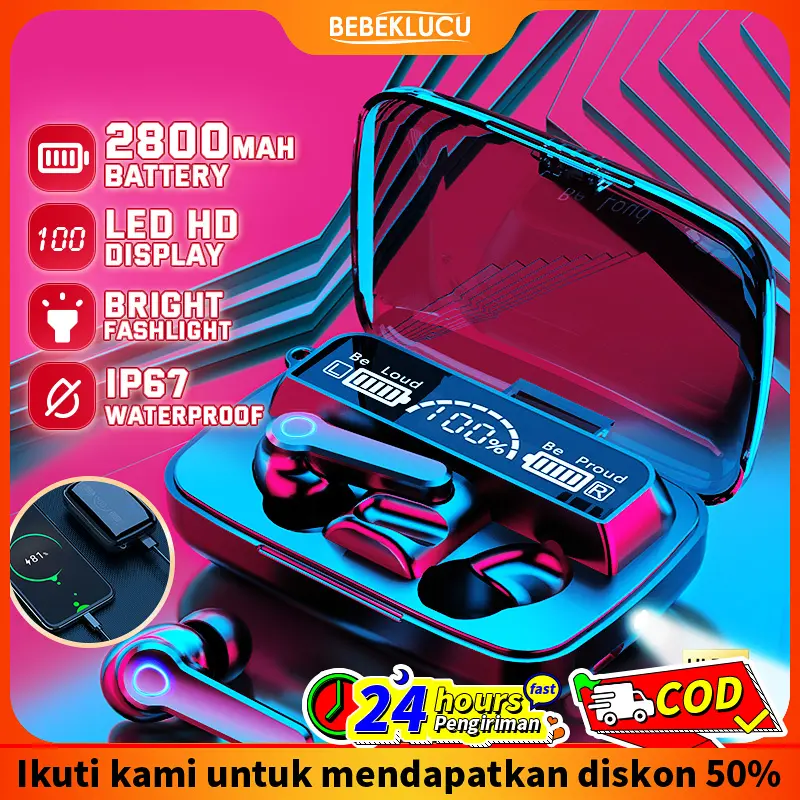 【Beli Lokal】Bebeklucu Headset Bluetooth M19 TWS Wireless Earphones Bluetooth 5.1 In Ear HIFI Mini Waterproof Sports Music Earbuds With Charging Box Headphones Earphone Bass Built-in Microphone