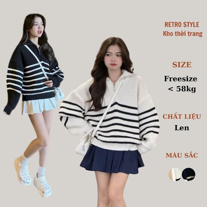 (HÀNG QC) Áo len kẻ khoá kéo chui đầu cổ cao Họa Tiết Kẻ Sọc 115
