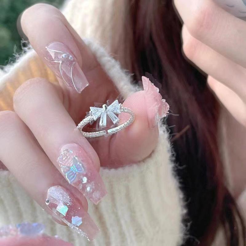 Nhẫn Hở, Phong Cách Công Chúa Thời Gian, Dễ Phối Đồ Và Ngọt Ngào, Thiết Kế Thanh Lịch, Thắt Nơ Màu Bạc, Nhẫn Có Thể Điều Chỉnh Nữ Women 1