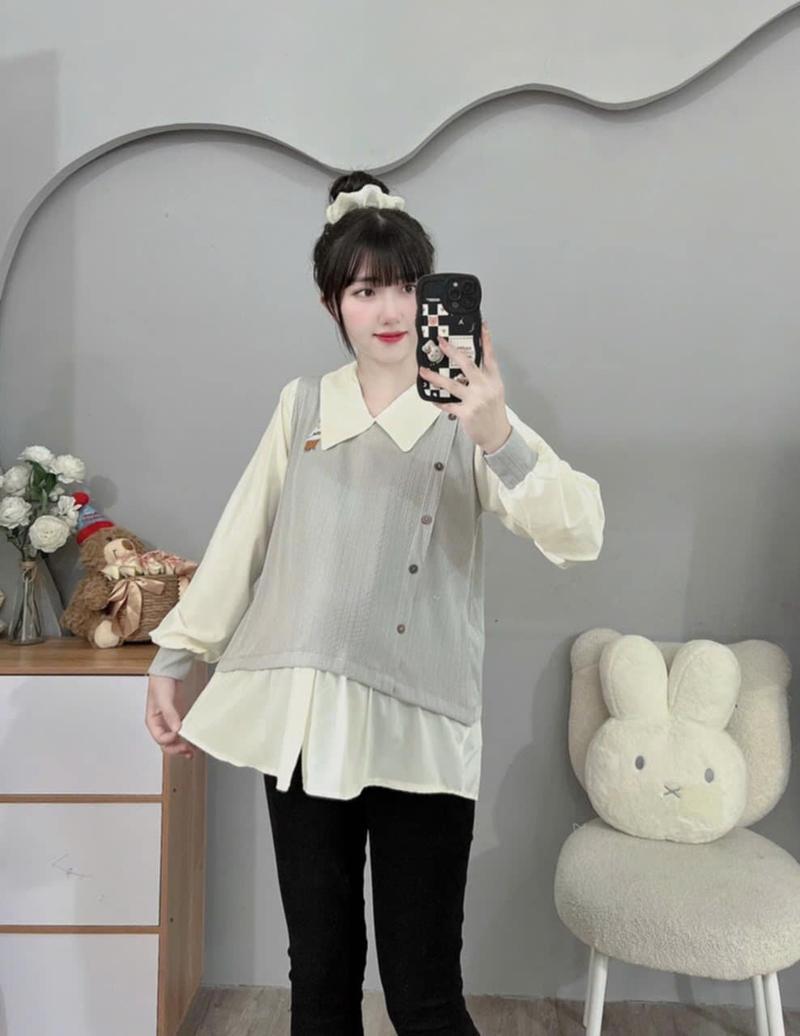 Product Introduction of áo bầu babydoll hàn quốc giả 2 lớp sang chảnh, áo bầu thêu gấu cute freesize 9