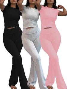 Women's Solid Color Crop Tee & Wide Waistband Flare Leg Pants Set, Casual Round Neck Short Sleeve Top & Bell Bottom Trousers for Daily Wear, Ladies Outfits for All Seasons