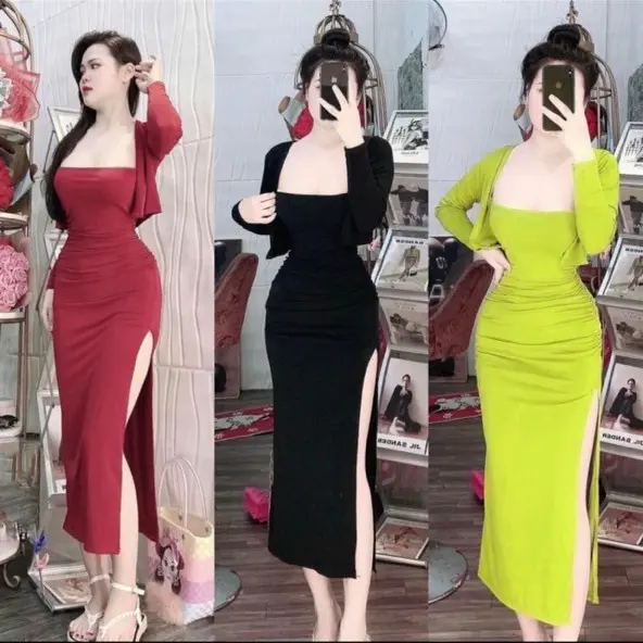 Set bộ nữ đầm ống cúp ngực kèm áo khoác tay dài chất thun gân Kem Top Women Ong 0