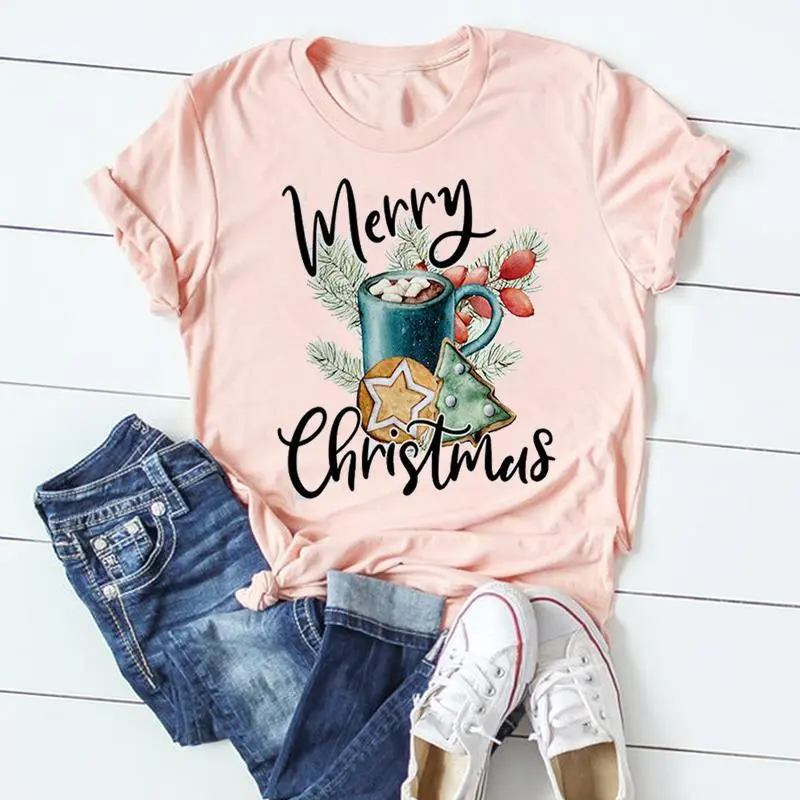 Happy Christmas Theme New Year Holiday Printed Clothing Short Sleeve T-shirt