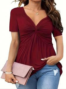 【Talla Grande】 Playera de Cuello en V con Torsión Frontal, Elegante y Casual de Manga Corta para Verano, Ropa de Talla Grande para Mujer para Uso Diario