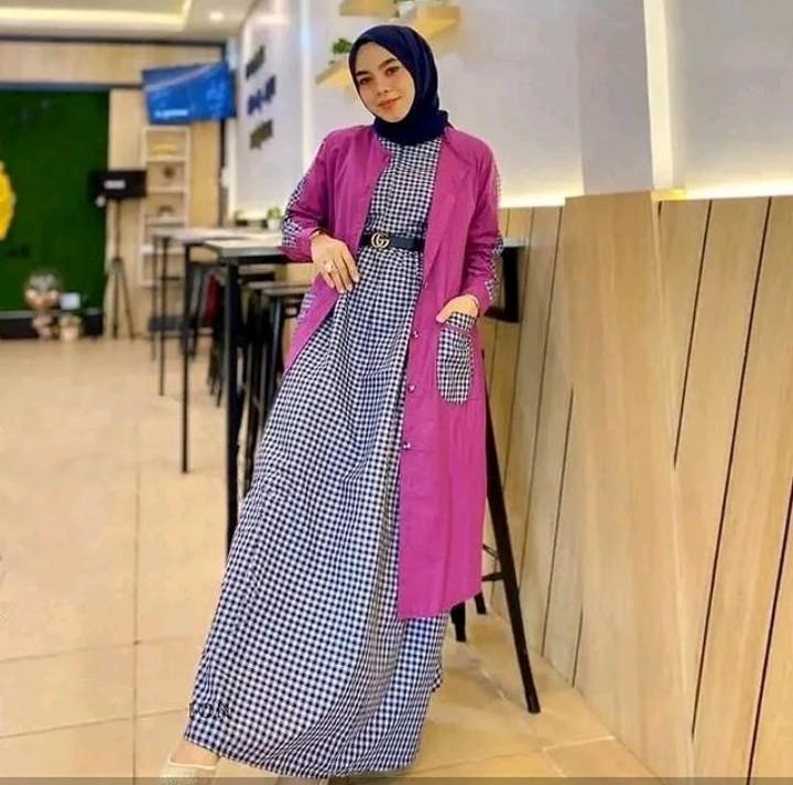 Product Introduction of Baju Gamis Wanita Muslimah Ahza Set Linen Rami Mix Katun Kotak Kotak Dress Set Outer Kardigan Busui Kancing 3