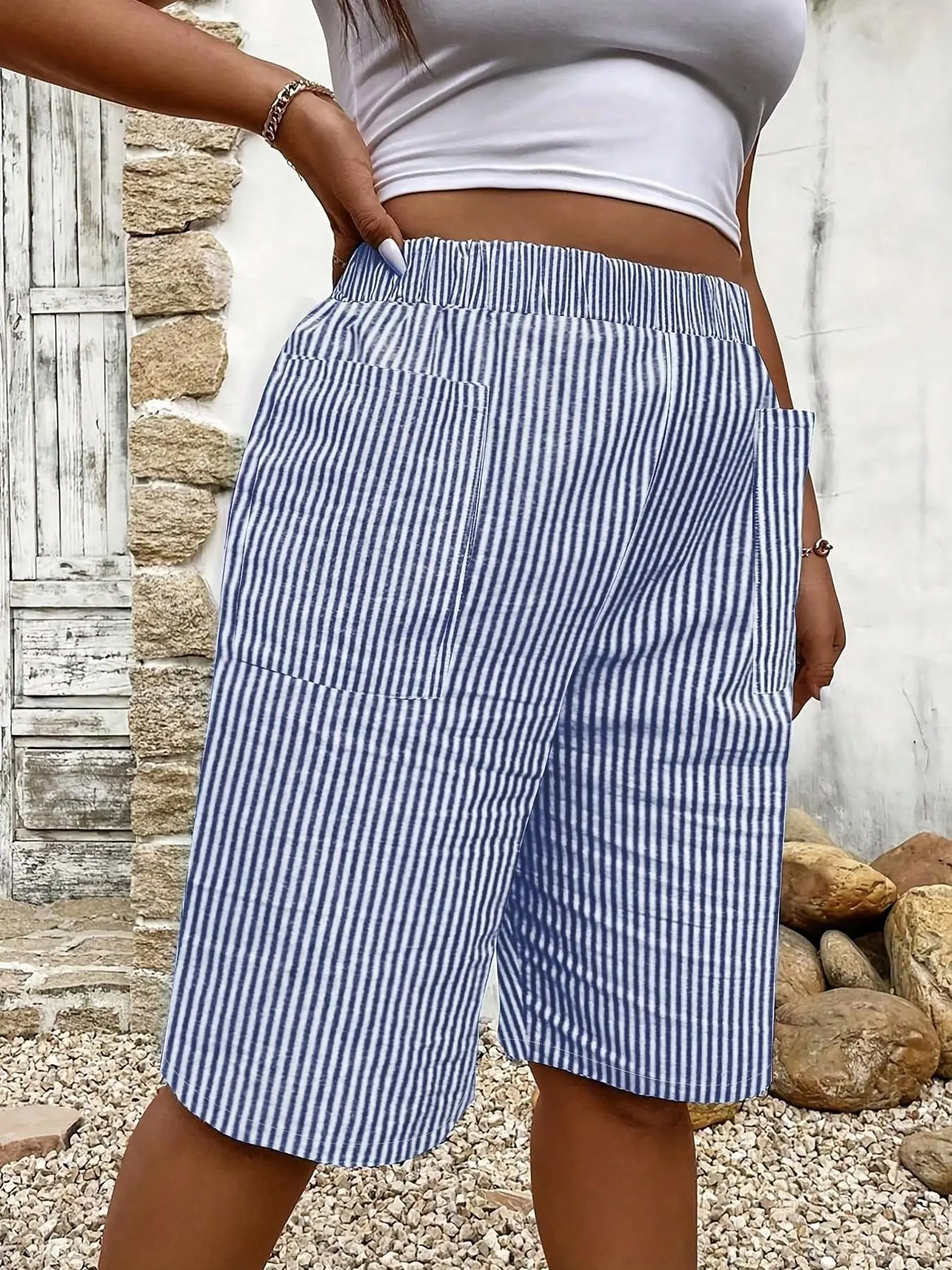 Women's Striped Print High Waist Shorts, Casual Elastic Waist Pocket Shorts for Summer, Women's Bottoms for Daily Wear