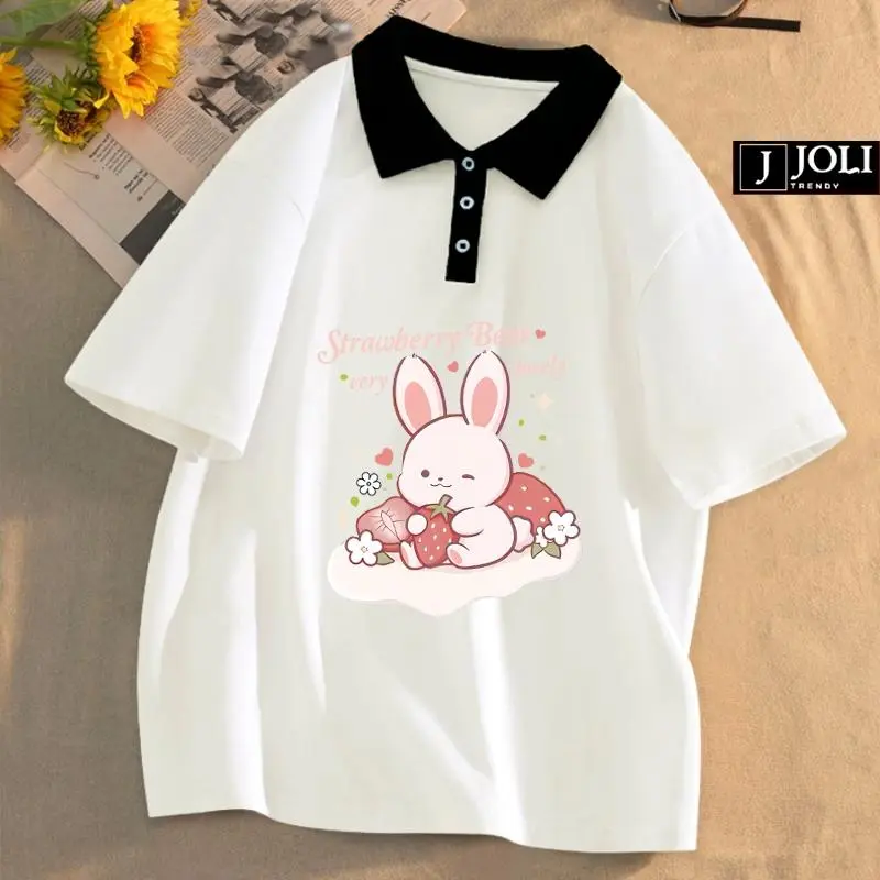 Áo Polo Nữ, Polo Unisex By JOLI Mã PL Thỏ Lovely Form Rộng Tay Lỡ Cho Nam Nữ Top Cotton
