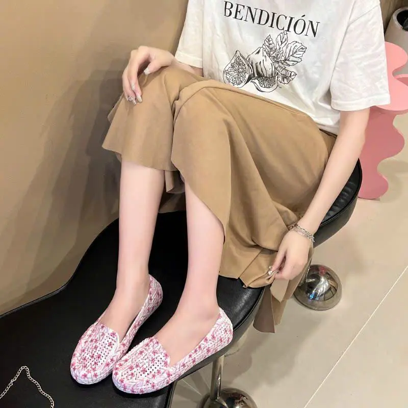 Giày búp bê, giày bệt nữ 2cm họa tiết hoa nhí đi mưa chống trơn trượt siêu nhẹ 2398-2