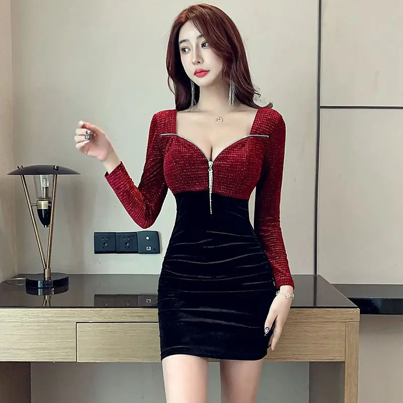 Váy Pleuche, Cửa Hàng Đêm, Dành Cho Nữ, Tay Áo Gợi Cảm, Cắt Thấp, Dây Kéo Khóa, Váy Bodycon Mỏng, Thích Hợp Cho Trình Diễn Buổi Tối Và Quần Áo Làm Việc Women Dress