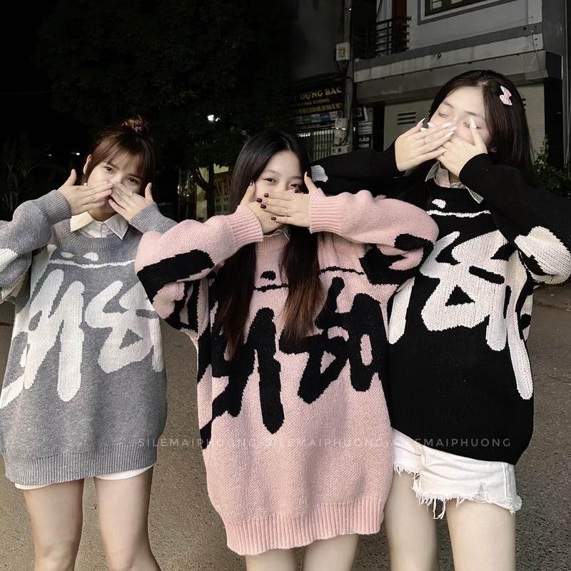 Áo Len Cổ Tròn Nam Nữ Thêu Hoạ Tiết To Hot 2024 Top Màu Đen