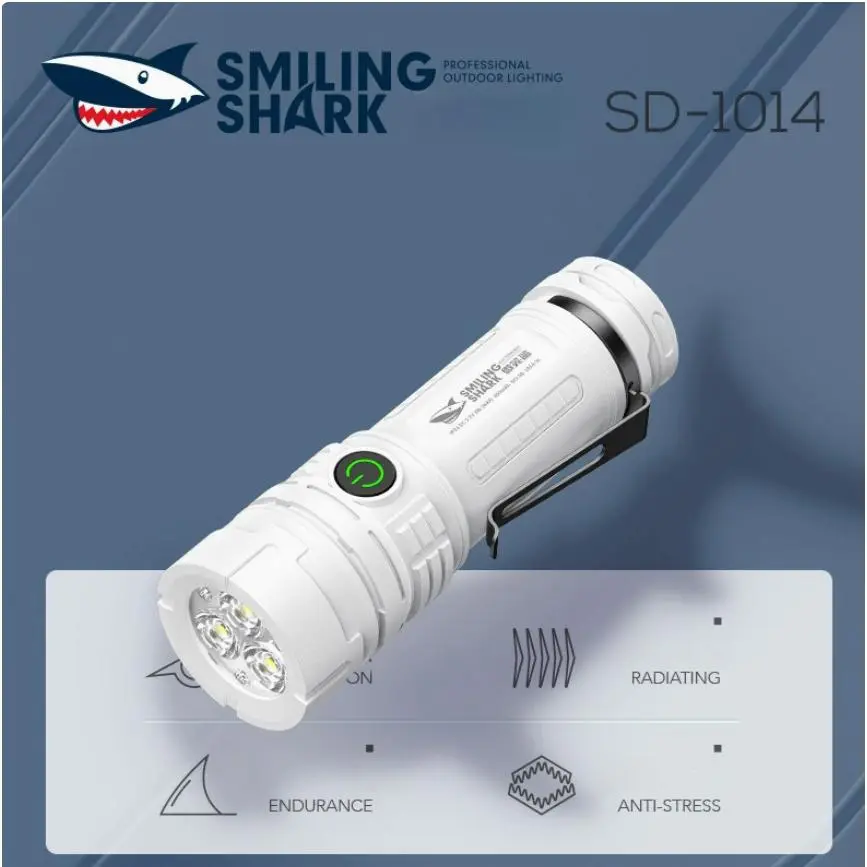 Portable Smiling Shark Ultra Bright LED Flashlight Rechargeable EDC Flashlight with 3 Modes and Clips for Hiking and Camping Emergency Situations
