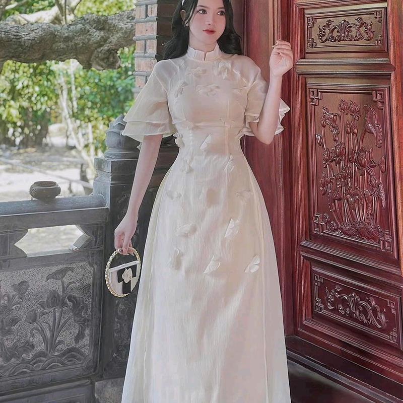 SÉT ÁO DÀI TƠ ĐÍNH BÔNG tay phồng phối chân váy voan lụa 2