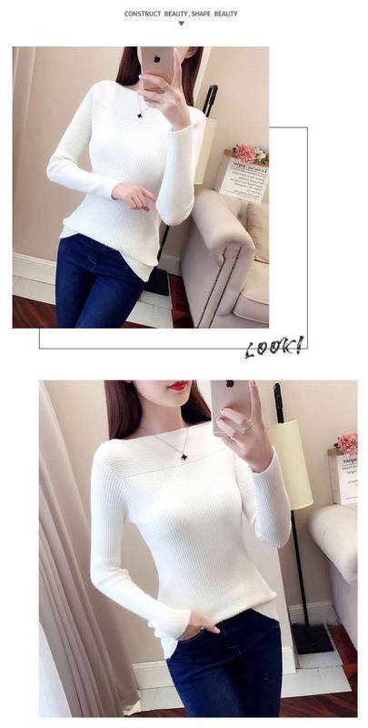 Product Introduction of Spring and Autumn Long Sleeve off Shoulder Top Knitted Bottoming Shirt Women's Underwear Slim Fit Slim Fashionable Sweater Fashionable Outerwear 5