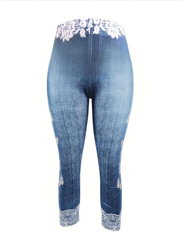 Women's Butterfly & Denim-Effect Print Elastic Waist Capri Leggings, Casual Comfy High Waist Skinny Pants for Daily Wear, Ladies Summer Bottoms 2