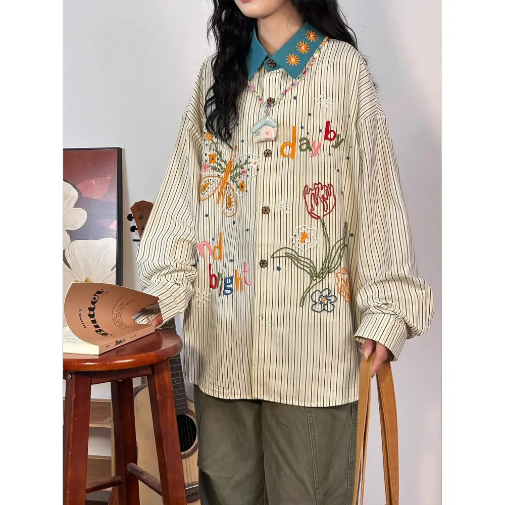 CHICMORE Atasan kemeja longgar gaya kasual baru dan motif garis garis ...