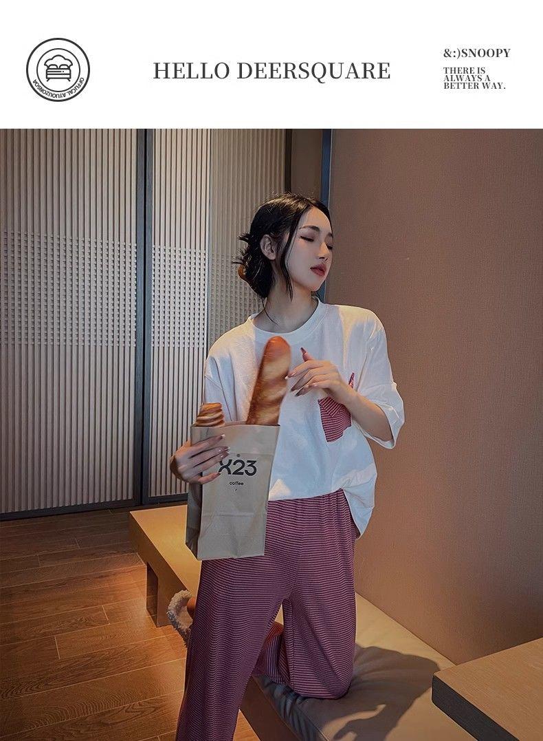 Product Introduction of Bộ Đồ Ngủ Cotton Mùa Xuân Lãng Mạn, Quần Áo Nữ, Phong Cách Mới Mùa Hè, Có Thể Mặc Ngoài Trời, Đồ Mặc Ở Nhà Phong Cách Sọc, Bộ Áo ngắn Tay Và Quần Dài, 1012 Người Thu Thập 15