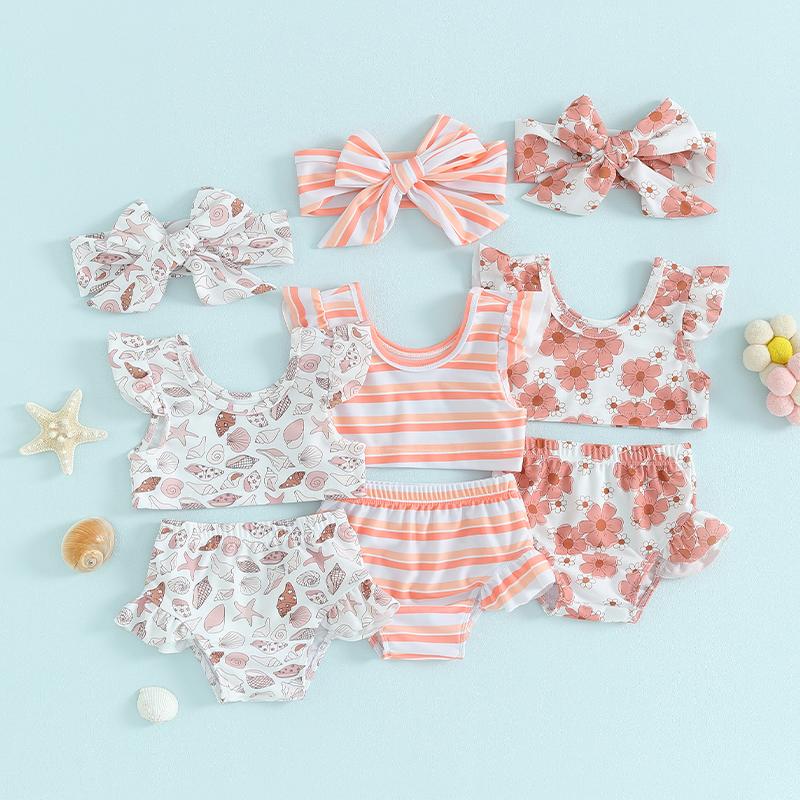 Toddler Girls Three Piece Swimsuits Fly Sleeve Bikini Set Beachwear Summer Bathing Suits,Cute,Soft,Comfortable,Fitted,High-quality,Fashion,Elastic,Daily Wear,6-24 Months,2-3 Years 0