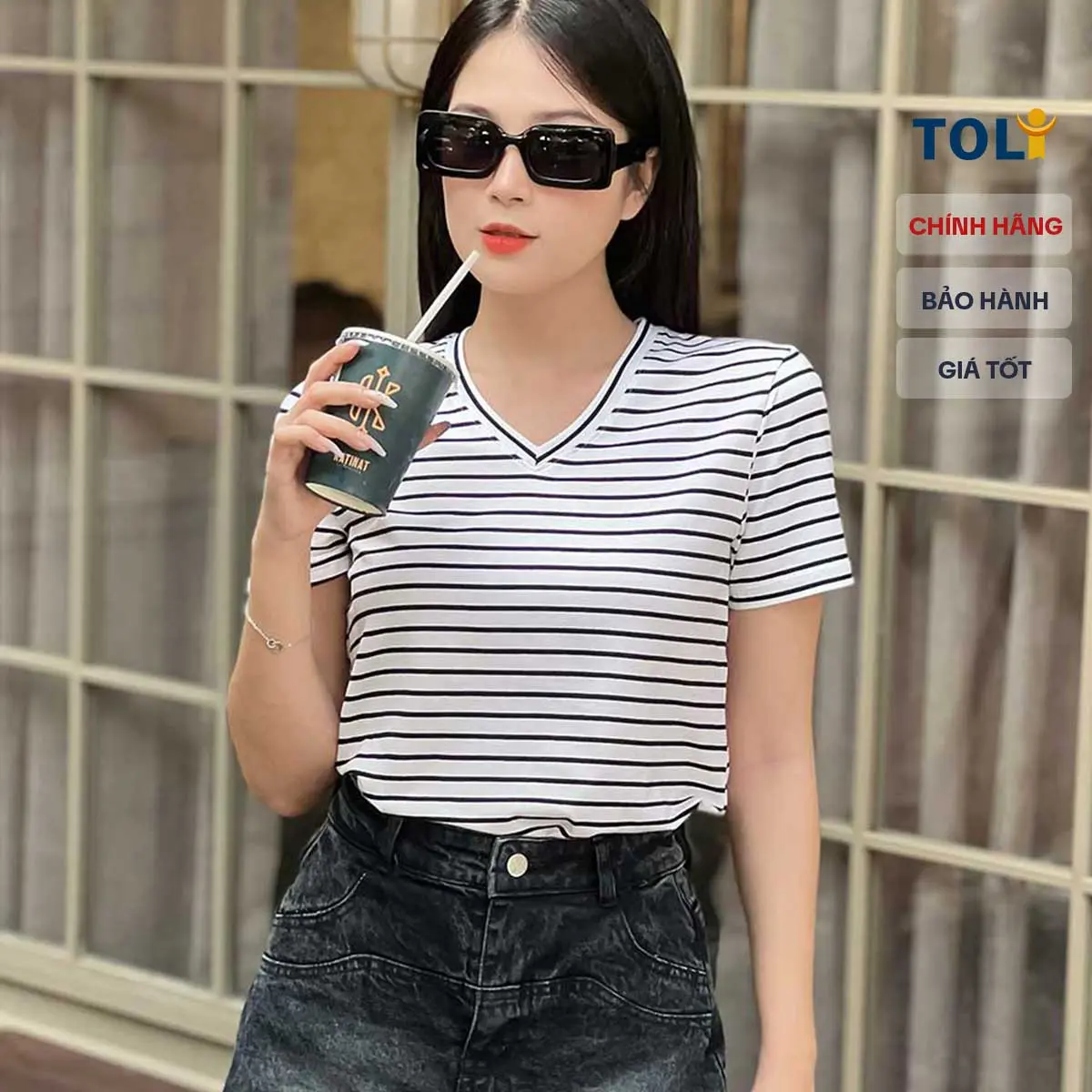 Áo thun cổ tim nữ TOLI sọc kẻ ngang, vải cotton 4 chiều mềm mịn, dáng suông ôm vừa, đủ size [BSA19] Cổ Tròn
