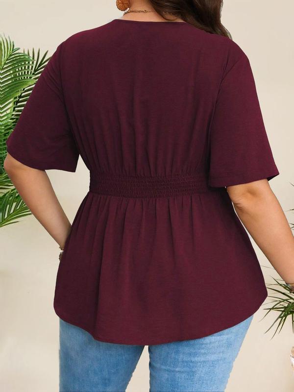 【Plus Size】 Solid Notched Neck Blouse, Casual Short Sleeve Top for Summer, Women's Clothing for Daily Wear 1