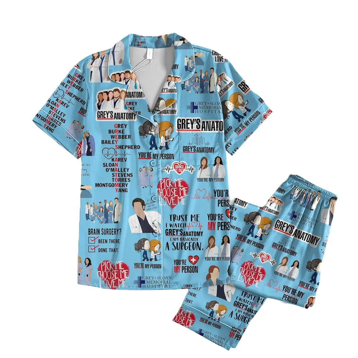 Grey's Anatomy Short Sleeve Thick Pyjamas, Vintage Greys Anatomy Pyjamas Set, Meredith Grey Derek Shepherd Shirt