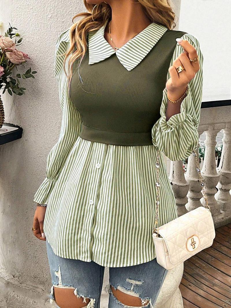 Product Introduction of Women's Striped Print Blouse, Elegant Long Sleeve Collared Top for Spring & Fall, Women's Clothing for Daily Wear 4