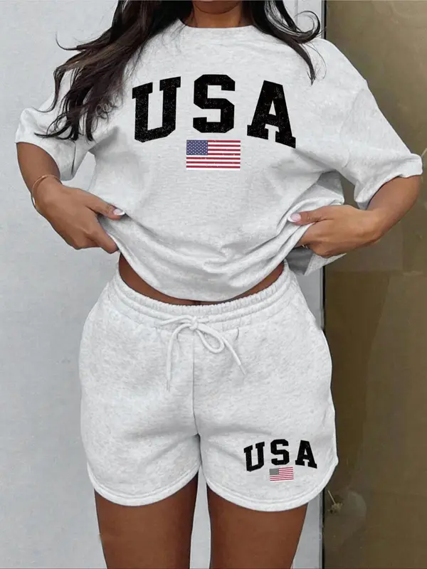 Women's Letter Print Tee & Drawstring Waist Shorts Set, Cozy T-shirt & Shorts for Daily Outdoor Wear, Ladies Summer Clothes, Suits 5