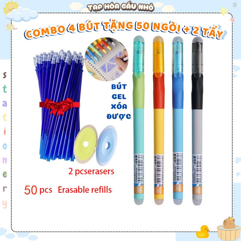 Set 4 bút gel xóa được + 50 ngòi thay thế + 2 tẩy bút có định vị cầm tay đầu tẩy dễ dàng mực xanh đen cho bé văn phòng phẩm tiện ích taphoagaunho