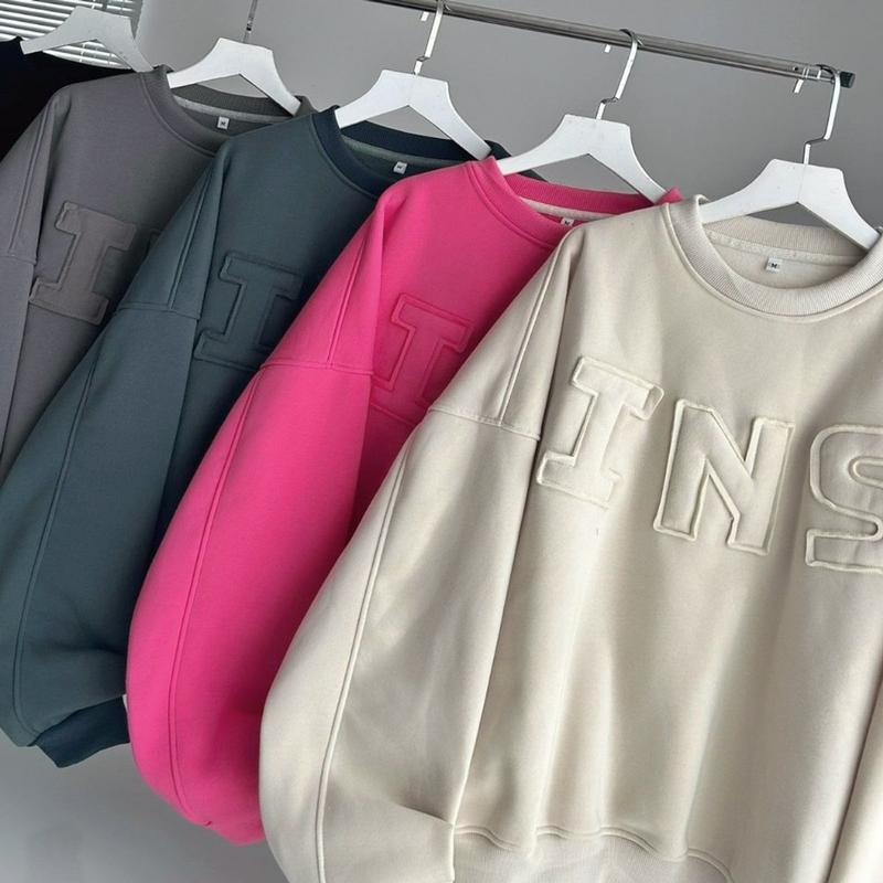 Ao sweater thêu chữ nổi INS nỉ bông , Áo hoodie vải nỉ lót bông dày dặn form rộng unisex 5