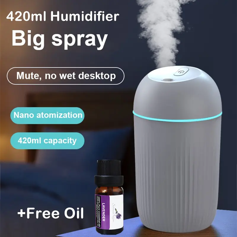 420ml Humidifier Purifier with Free Essential Oil Universal Portable Air Humidifier Ultrasonic Humidifier LED Light Aromatherapy Essential Oil Diffuser Mist Aromatherapy for Home Office Car