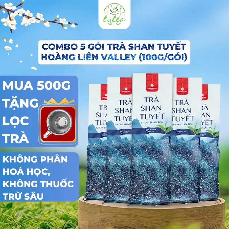 Trà Shan Tuyết Hoàng Liên Valley 500g (Gồm 5 Gói Xanh 100g) Tiêu Chuẩn Hữu Cơ Chè San Tuyết