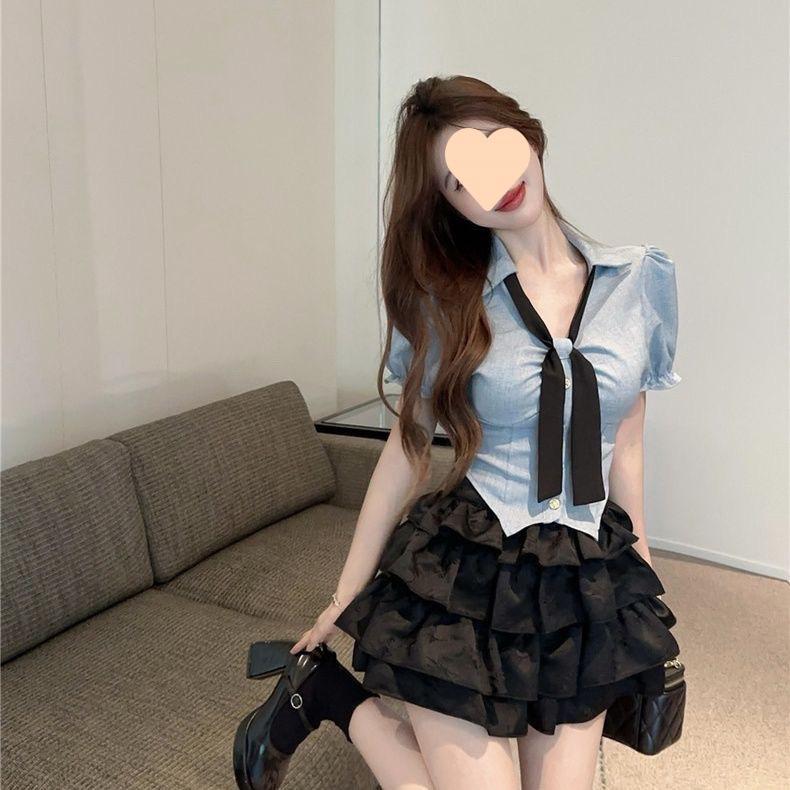 Product Introduction of Pure Desire Hot Girl Uniform Two-Piece Set Shirt Short Top Cake Puff Skirt High Waist Slimming Short Skirt Set 5
