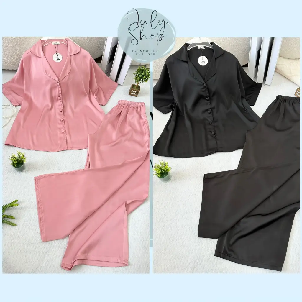 Đồ Ngủ Nữ Bigsize JULY Đồ Bộ Pijama Tay Dơi Cúc Bọc Quần Dài Lụa Latin Mềm Mại <70kg