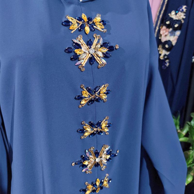 Product Introduction of Ba302 Water Green Hand-Stitched Glass Diamond Decorations Hooded Robe Middle East Southeast Asia Women's Robe 13