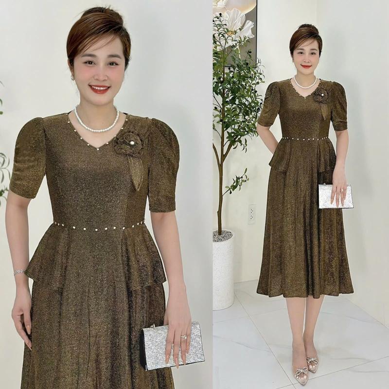 Đầm Trung Niên M672 Vải Nhủ co giãn đính đá DMC cho mẹ đi chơi dự tiệc Ôm gọn Thanh lịch Dress Váy Nữ Đỏ Women  Màu Trắng Thun Lệch Vai 5