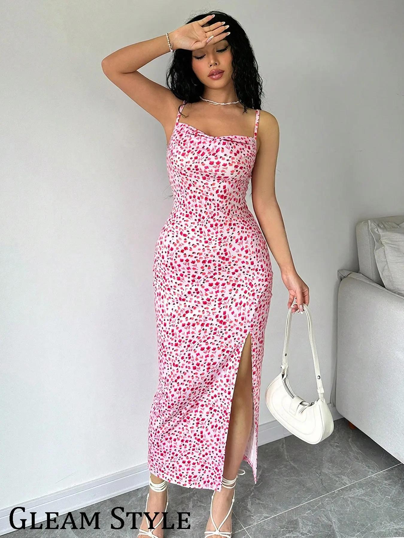 Women's Ditsy Floral Print Cami Dress, Summer Clothes Women, Sleeveless Split Hem Long Dress for Beach Holiday Vacation, Ladies Summer Clothes