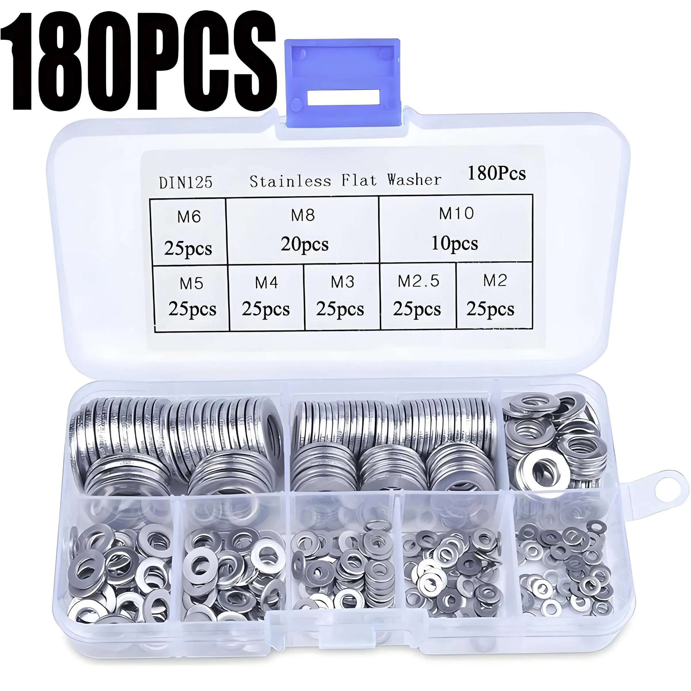 Stainless Steel Washer Set, 180pcs/set M2-M10 Size Durable Washer Set, Suitable for DIY Projects, Machinery, and Electronic Products