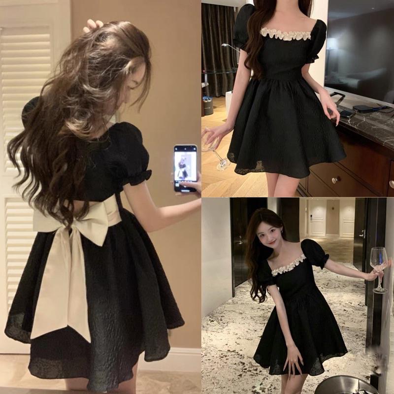 Váy đầm baby doll Nữ hoạ tiết nổi Dress tay phồng Màu Đen phối nơ sau Khuy b46 dáng xoè xinh xắn Voi Voan Women hoa nổi