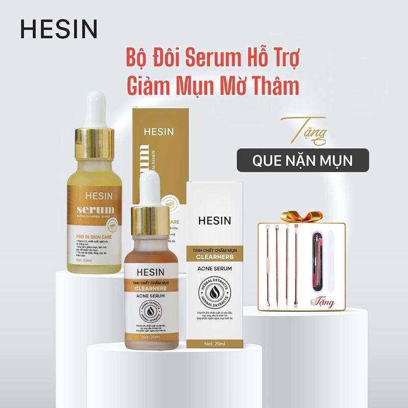 Bộ Đôi Serum Hỗ Trợ Giảm Mụn Giảm Thâm Hesin [ 1 Tinh Chất Chấm Mụn CLEARHERB ACNE Serum 20ml + 1 Serum Dưỡng Da HERBAL RENEW 20ml Tặng Bộ Dụng Cụ Nặn Mụn 4 Món Skincare