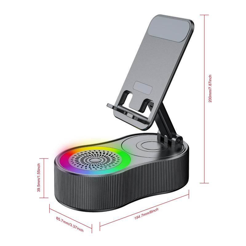 Wireless Charging Speaker Phone Holder, 360-Degree Rotatable Phone Stand with Colorful Atmosphere Light, Portable Phone Accessories for Home Office 1