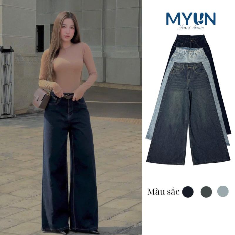 MYUN - Quần Jean Nữ ống rộng Loe, ống 34cm, cạp cao tôn dáng, quần bò loe denim xanh đen vải cotton JL0001- Pants, Women