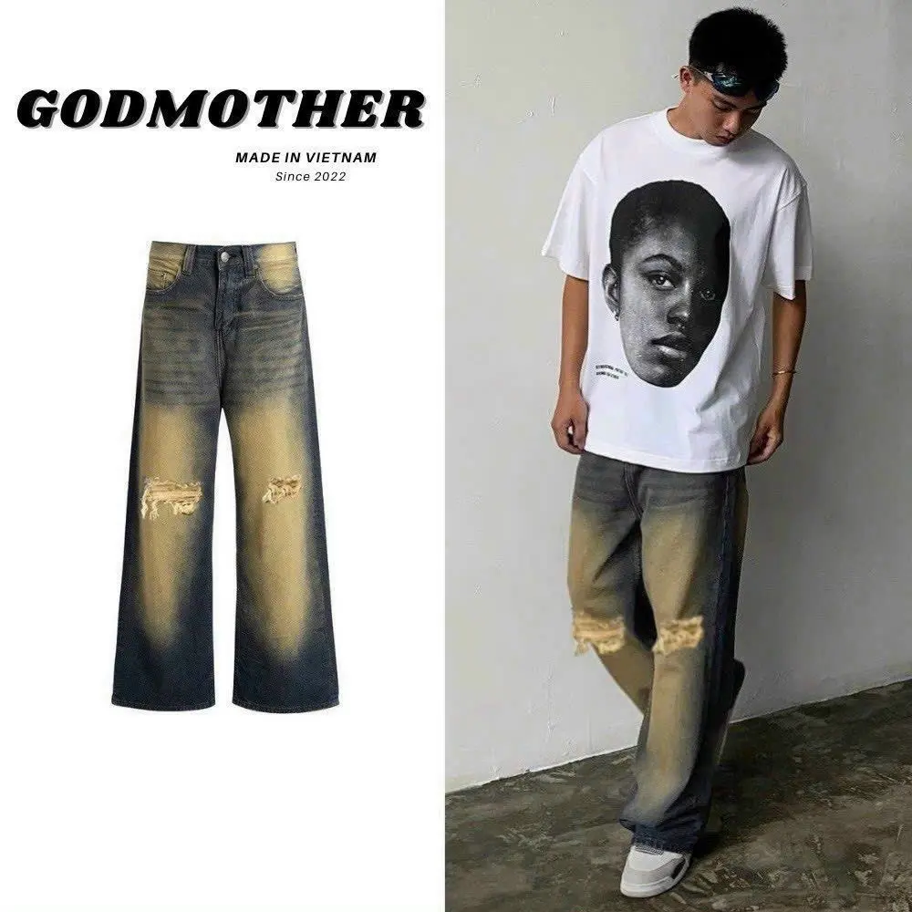 Quần Baggy ống rộng màu vintage rách gối kiểu