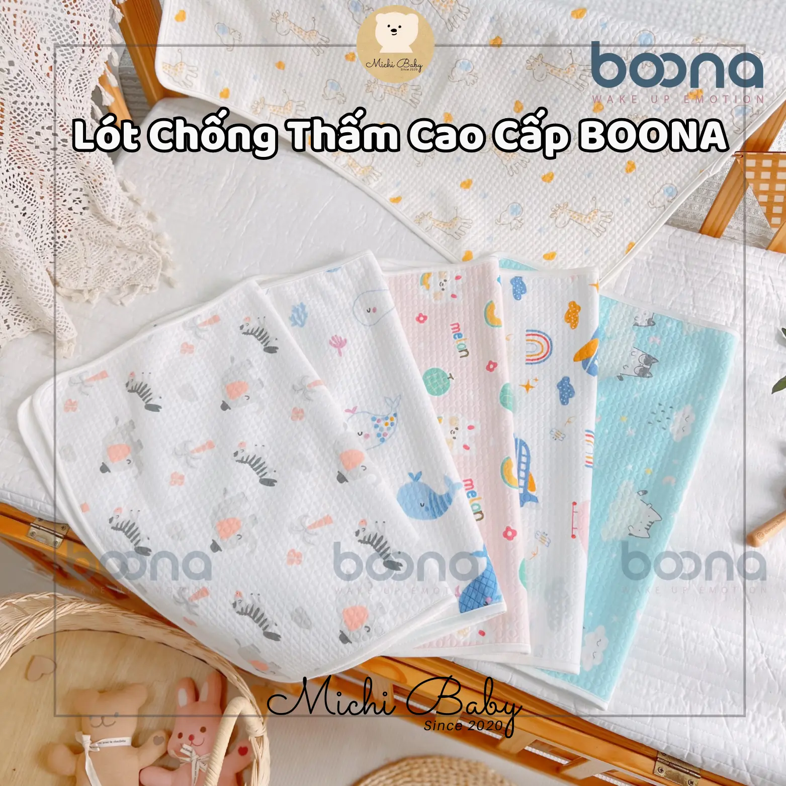 Lót Chống Thấm Boona Bề Mặt Vải Organic Cao Cấp Size 50x70cm - Michi Baby MC327