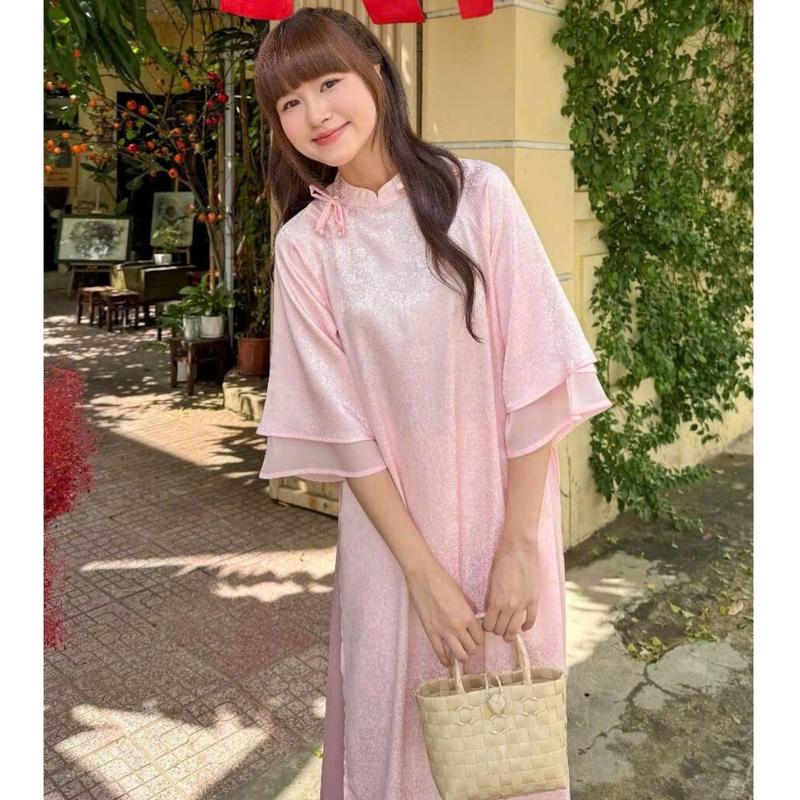 Set áo dài cách tân 2 tà nữ Maian áo đính nơ in hoa chất lụa gấm cổ tim dáng suông kèm theo quần lụa bóng ống rộng S5268 4
