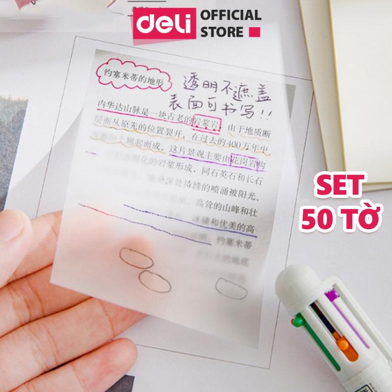 Set 50 giấy note Deli trong suốt có kim tuyến - chống nước giấy ghi nhớ ghi chú có keo dính chắc chắn cho học sinh văn phòng tiện lợi