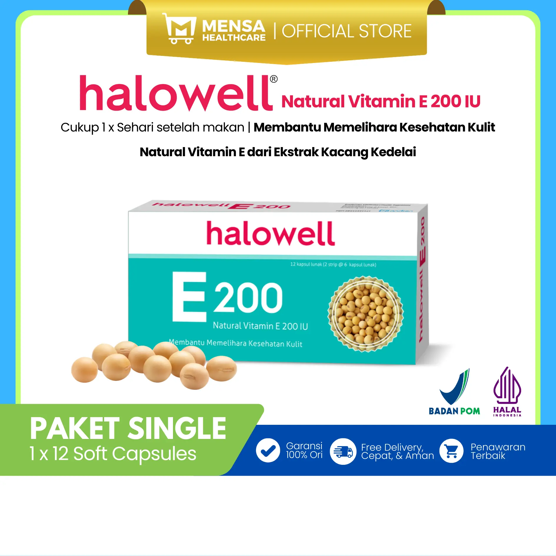 Halowell Natural Vitamin E 200 IU 1 Pack x 12 Soft Capsule ( Suplemen Kecantikan / Kesehatan Kulit / VitaminE / Vit E )