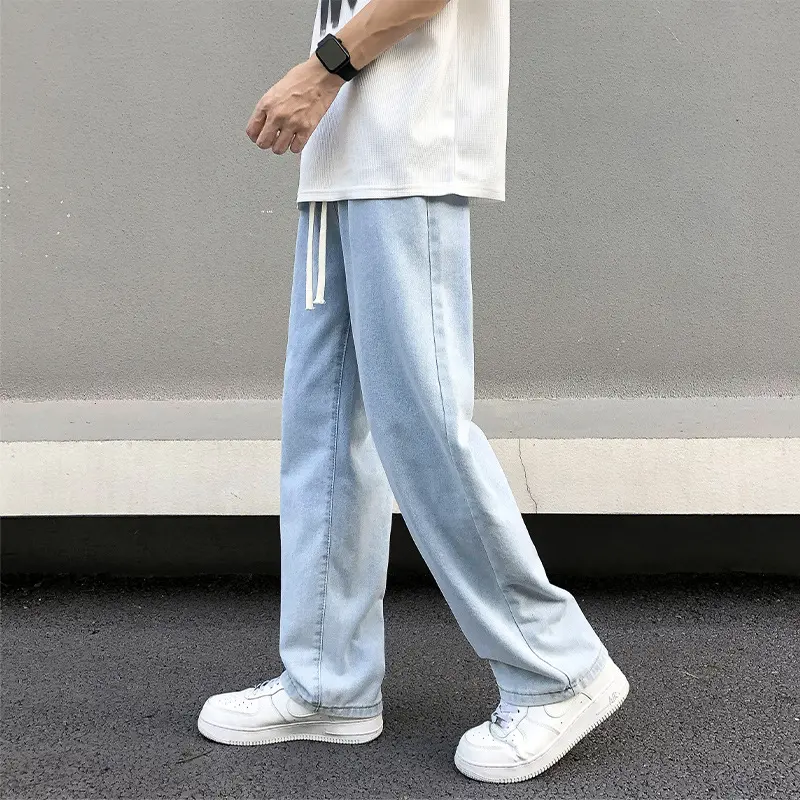 Light Blue Straight Jeans Men's Spring New Loose Pants Elastic Waist Casual American High Street Wide Leg Trousers
